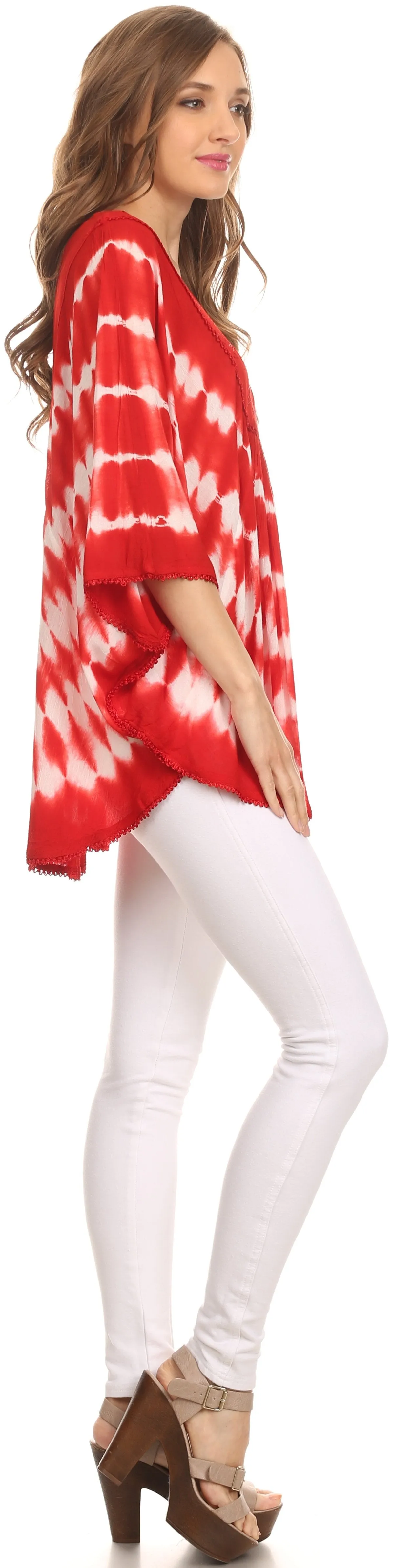 Sakkas Alannis Tie Dye Circle Poncho Top With With Wide Scoop Neck And Embroidery