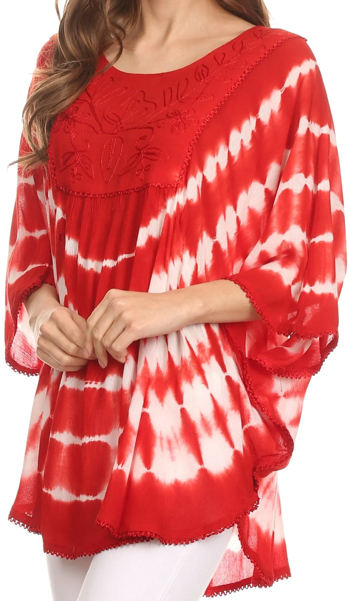 Sakkas Alannis Tie Dye Circle Poncho Top With With Wide Scoop Neck And Embroidery