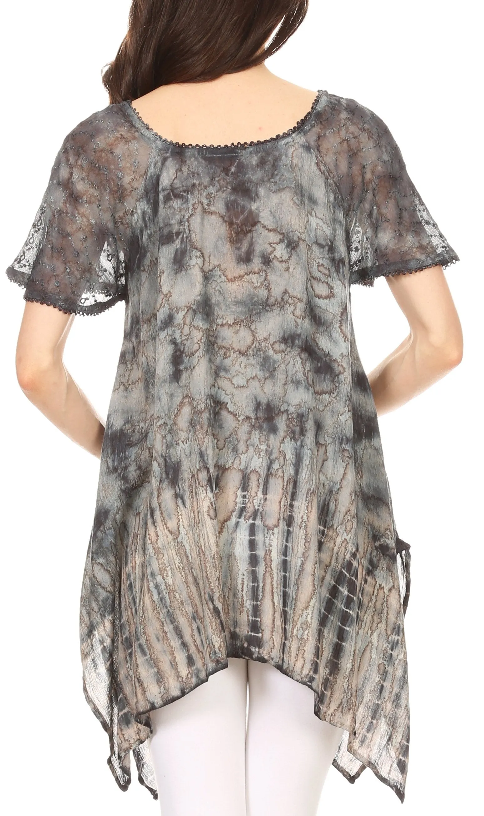 Sakkas Elba Womens Short Sleeves Handkerchief Hem Blouse Top Tie-dye with Sequin