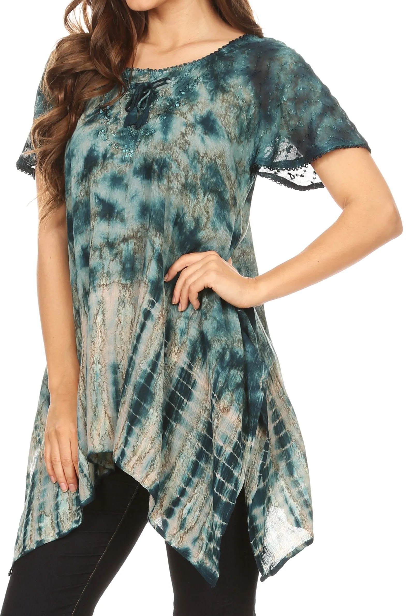 Sakkas Elba Womens Short Sleeves Handkerchief Hem Blouse Top Tie-dye with Sequin