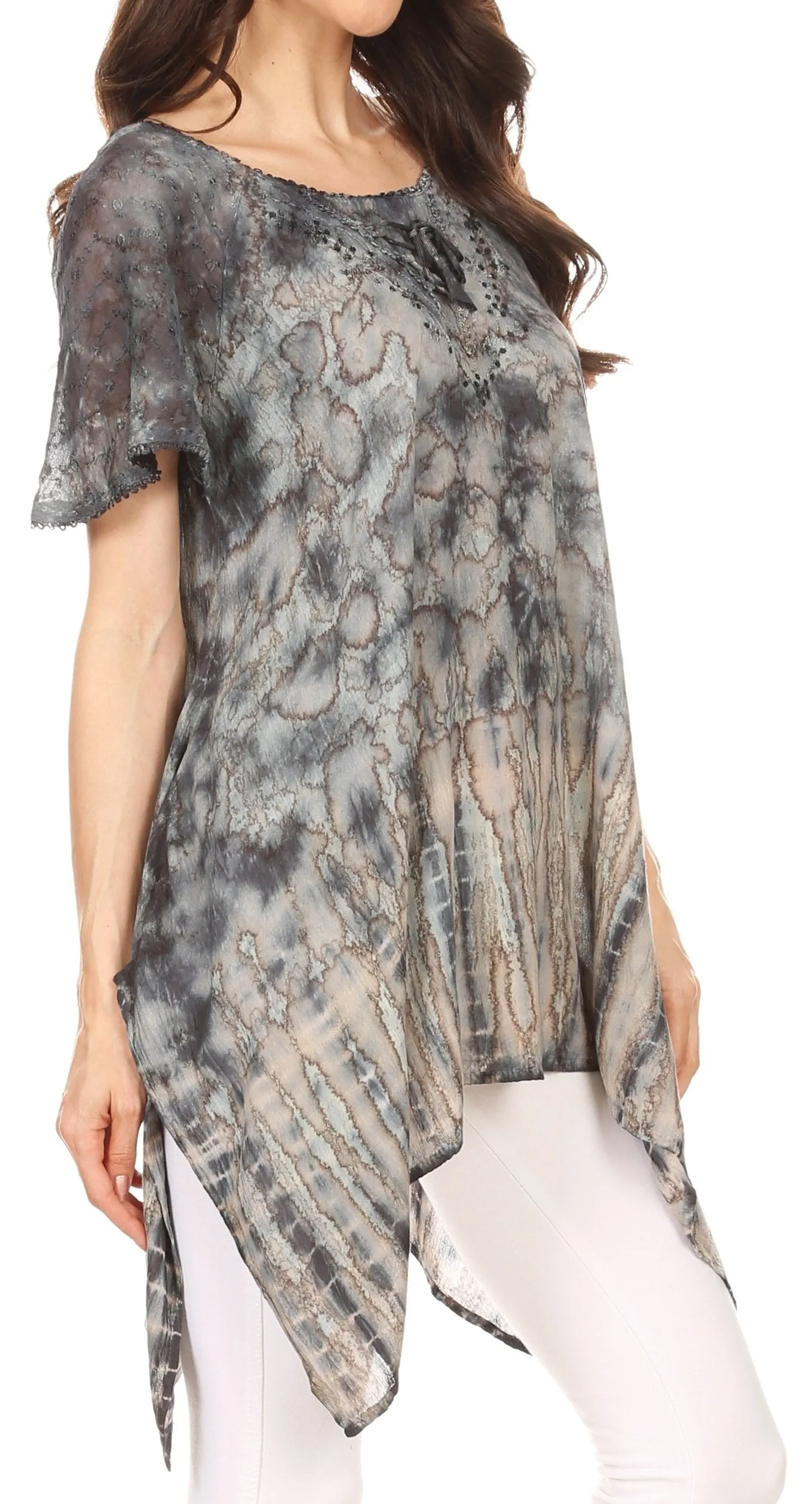 Sakkas Elba Womens Short Sleeves Handkerchief Hem Blouse Top Tie-dye with Sequin