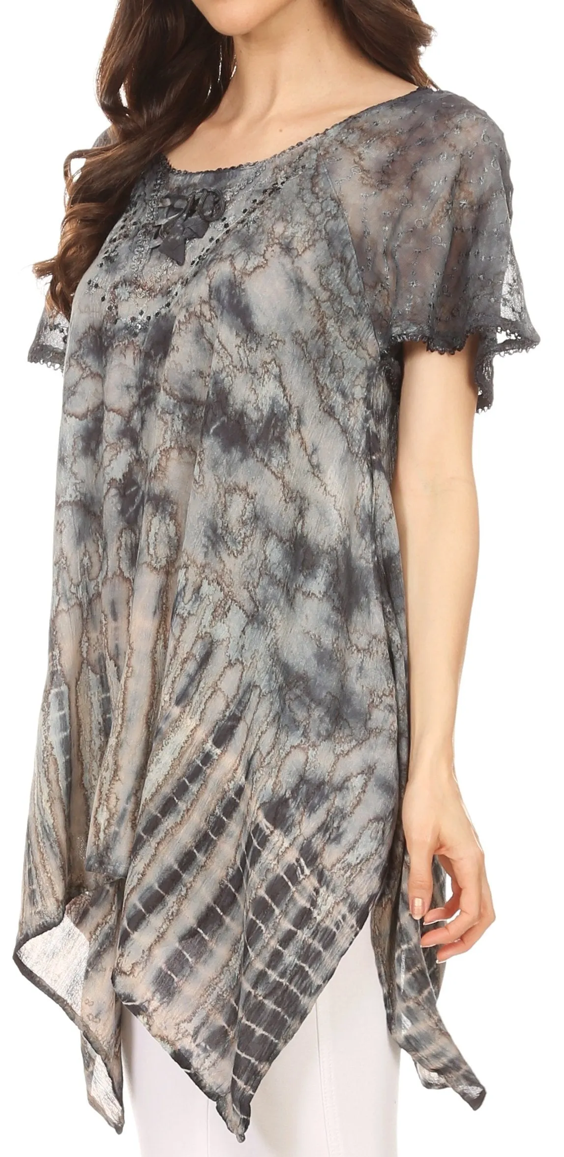 Sakkas Elba Womens Short Sleeves Handkerchief Hem Blouse Top Tie-dye with Sequin