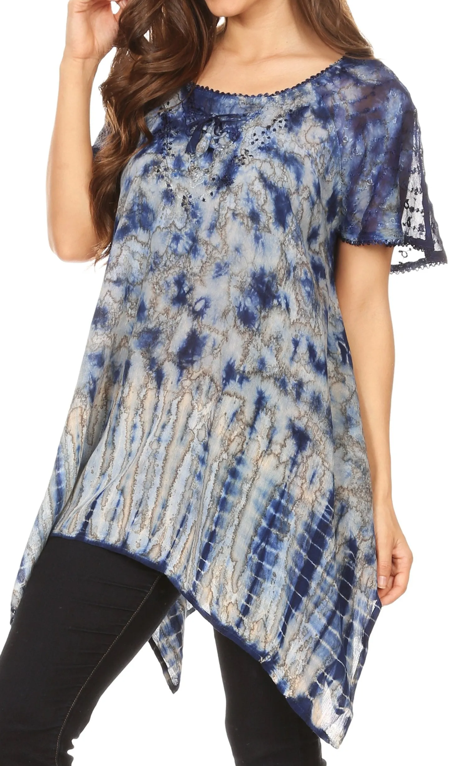 Sakkas Elba Womens Short Sleeves Handkerchief Hem Blouse Top Tie-dye with Sequin