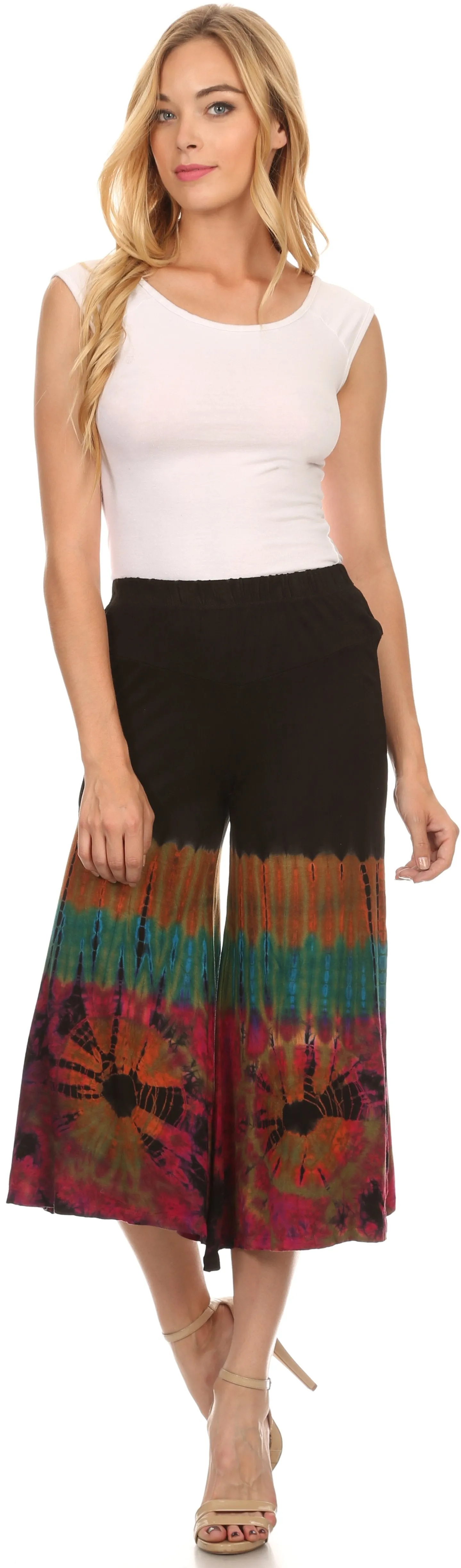 Sakkas Janelle Long Flare Bell Tie Dye Elastic Waist Wide Leg Palazzo Pant