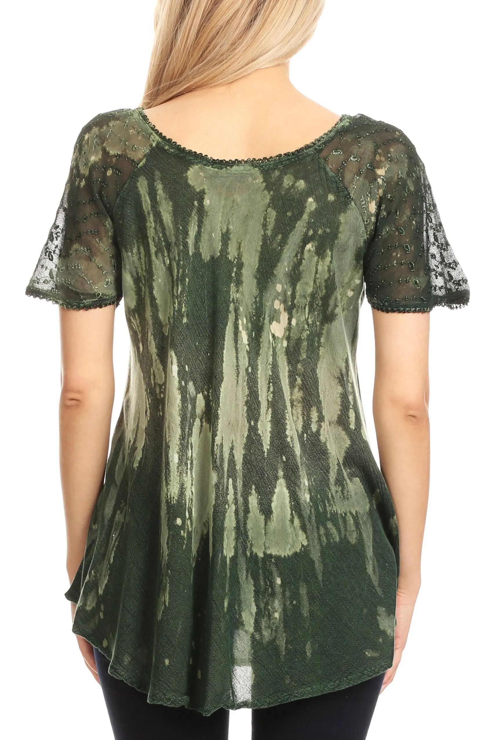 Sakkas Jannat  Short Sleeve Casual Work Top Blouse in Tie-Dye with Embroidery Lace