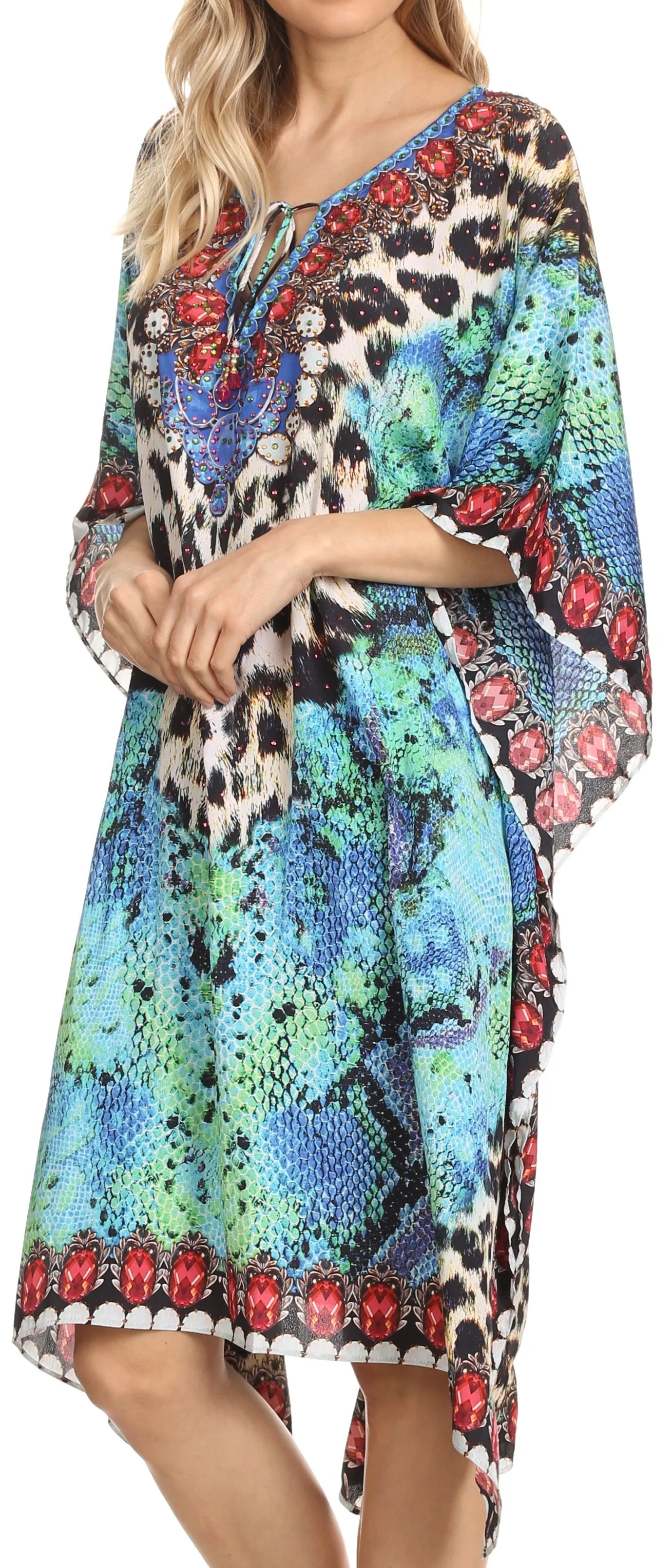 Sakkas Jenni Printed Caftan Dress / Cover Up With Adjustable Neck / Rhinestones