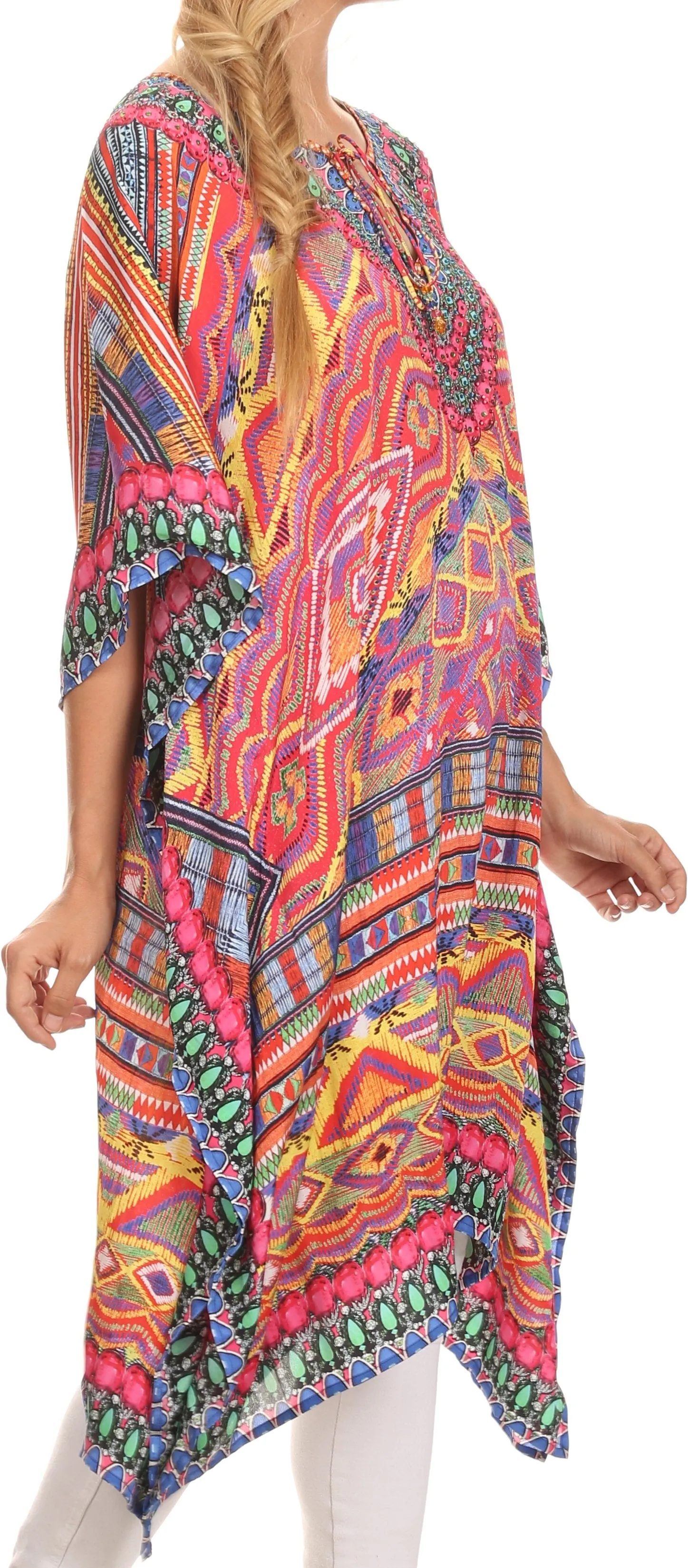 Sakkas Jenni Printed Caftan Dress / Cover Up With Adjustable Neck / Rhinestones