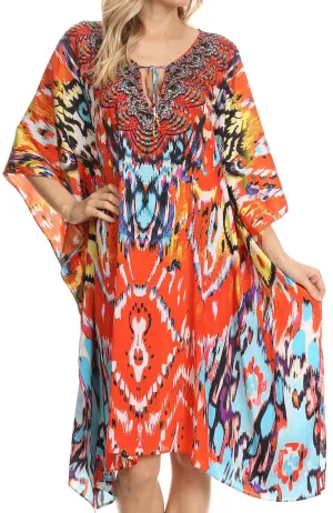 Sakkas Jenni Printed Caftan Dress / Cover Up With Adjustable Neck / Rhinestones