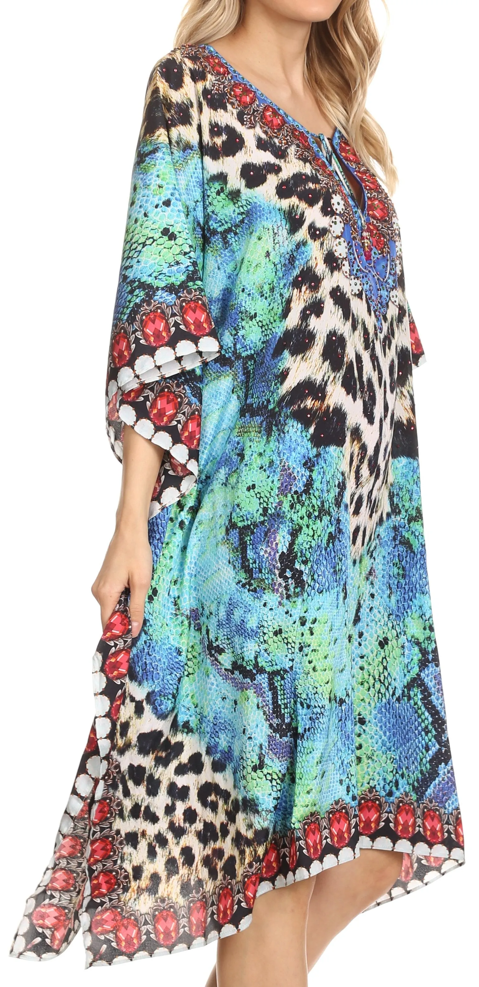 Sakkas Jenni Printed Caftan Dress / Cover Up With Adjustable Neck / Rhinestones