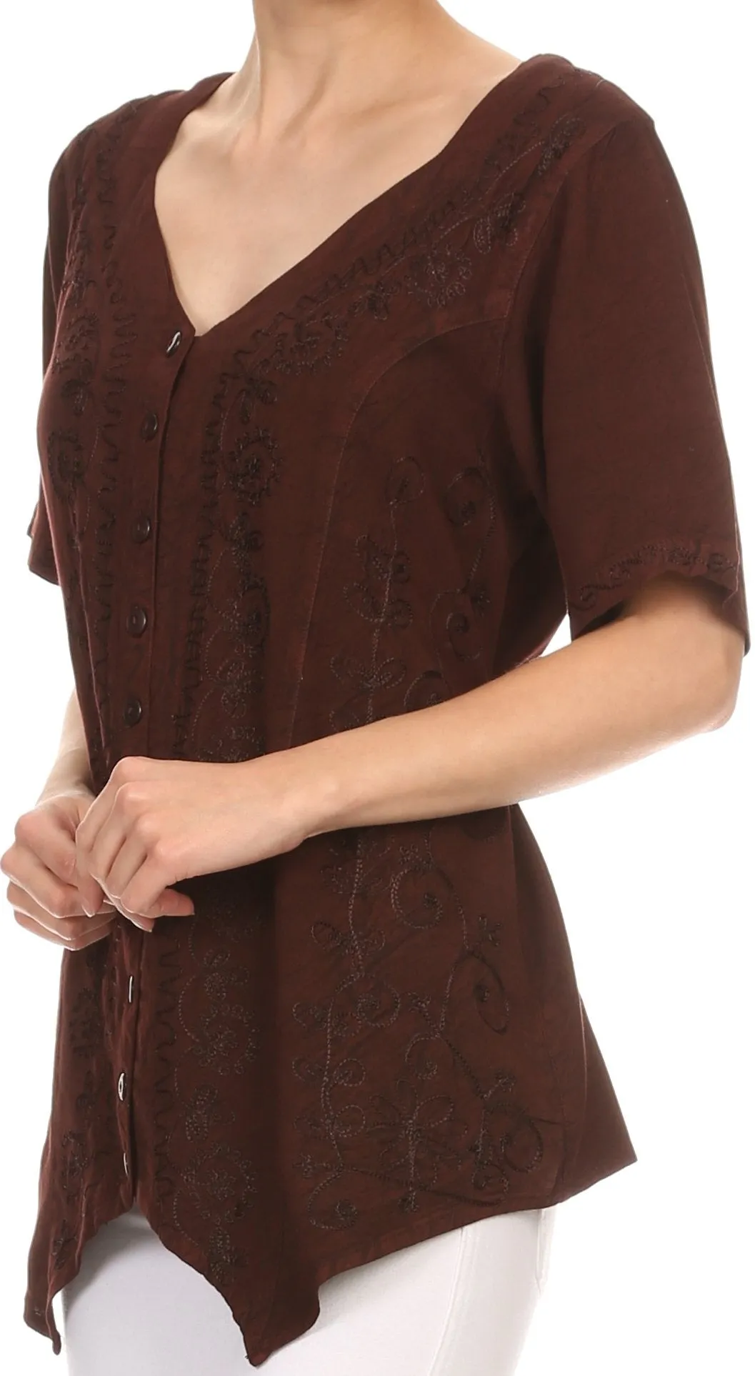 Sakkas Klaniya V Neck Button Down Embroidered Short Sleeve Light Blouse Shirt Top