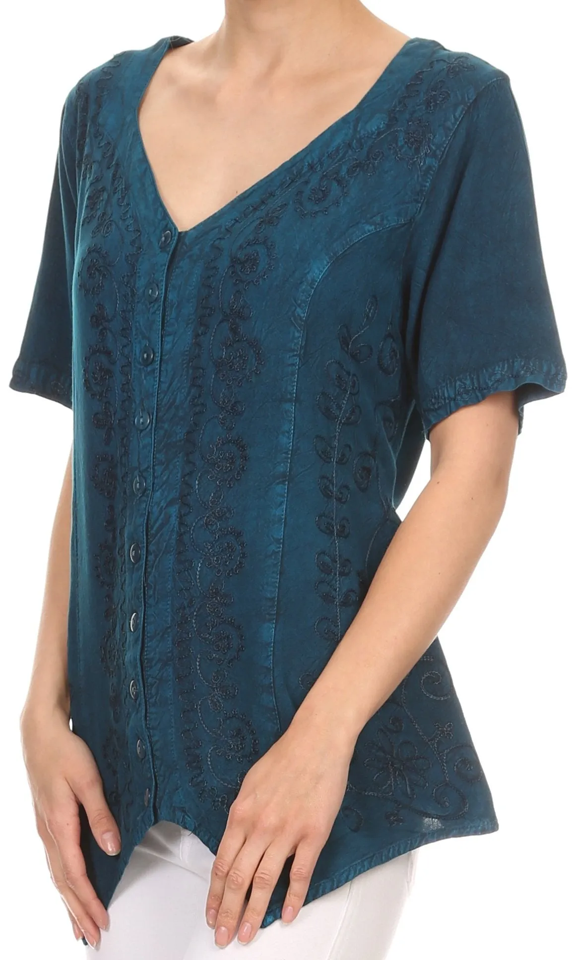 Sakkas Klaniya V Neck Button Down Embroidered Short Sleeve Light Blouse Shirt Top