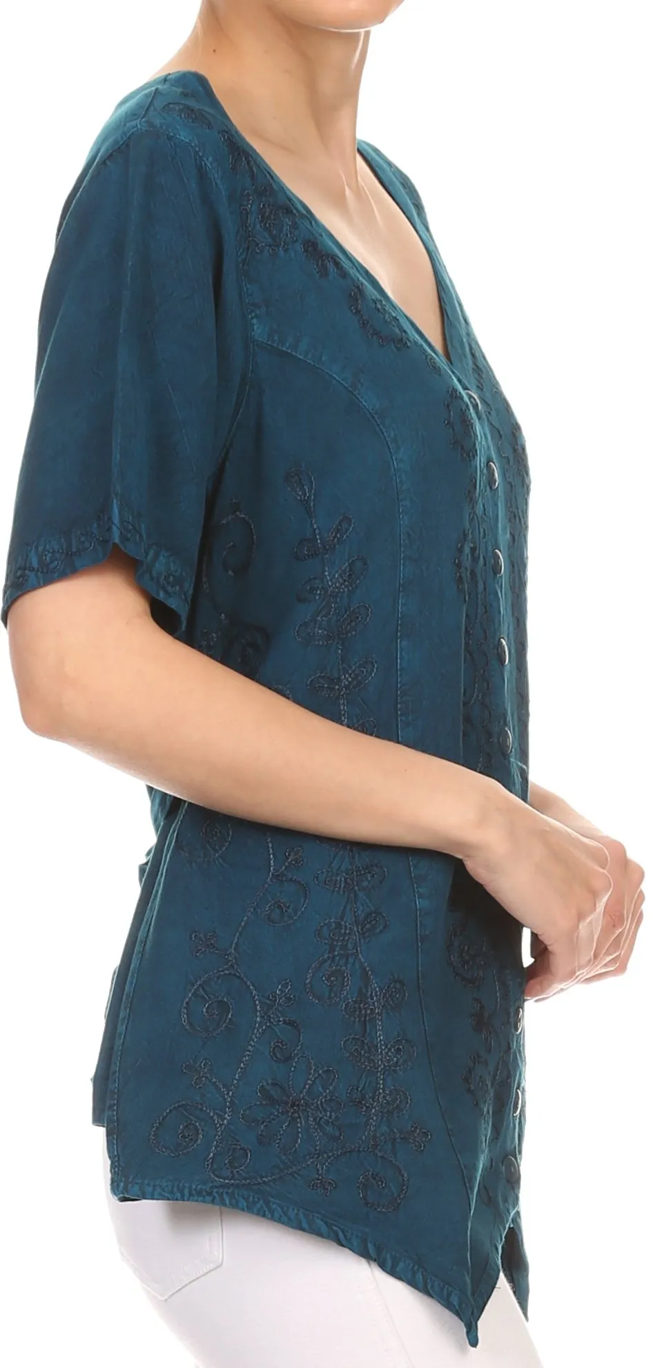 Sakkas Klaniya V Neck Button Down Embroidered Short Sleeve Light Blouse Shirt Top