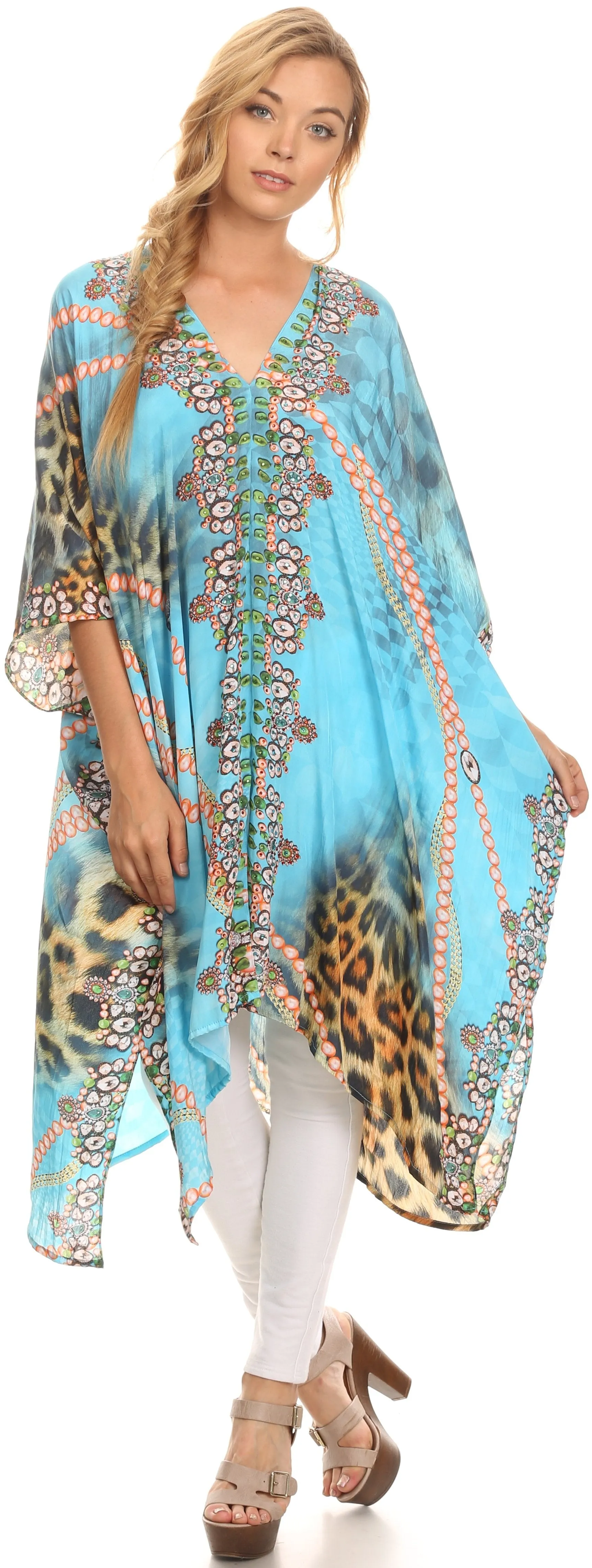 Sakkas Libra Mid Length Caftan Dress / Cover Up With Tribal Print / Rhinestones