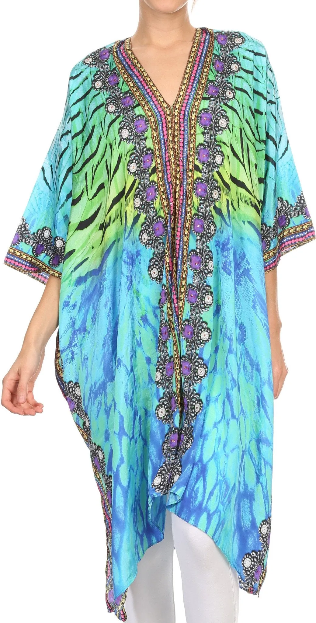 Sakkas Libra Mid Length Caftan Dress / Cover Up With Tribal Print / Rhinestones