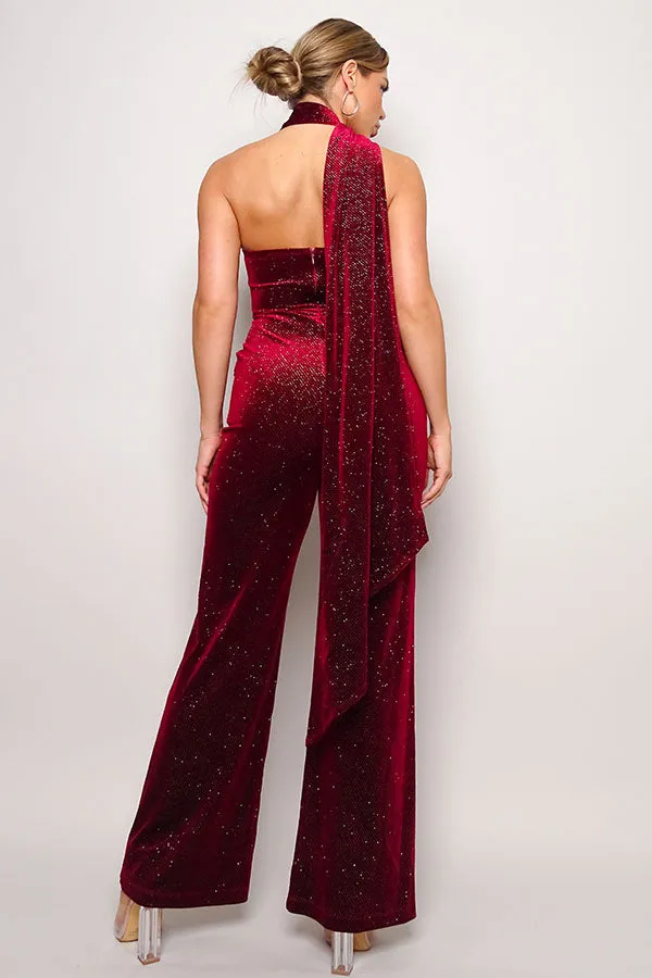 Scarf Top Glitter Velvet Jumpsuit - 3 colors