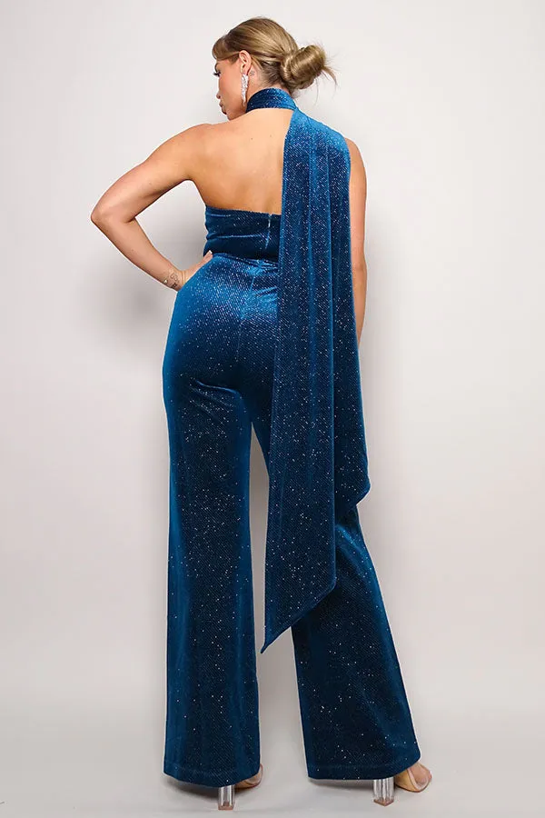 Scarf Top Glitter Velvet Jumpsuit - 3 colors