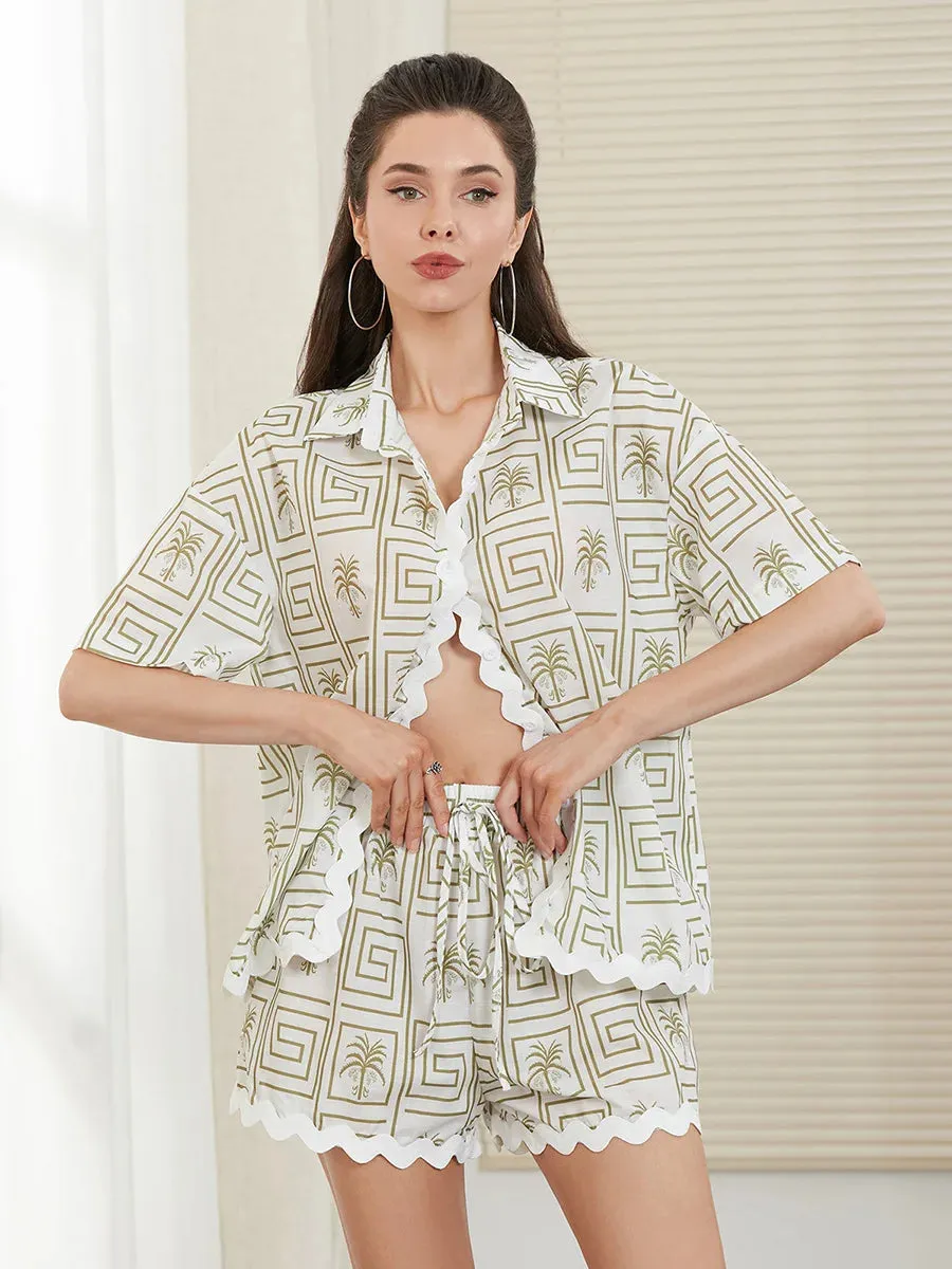 Short Sleeve Geometric Print Button Up Loose Shorts Loungewear Casual Pajamas