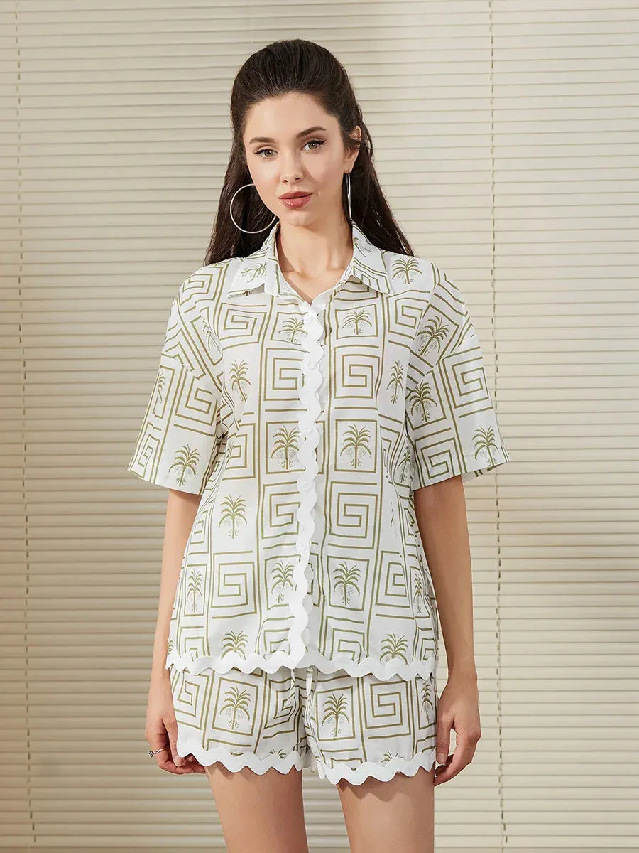 Short Sleeve Geometric Print Button Up Loose Shorts Loungewear Casual Pajamas