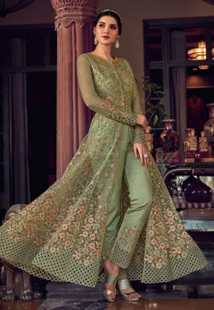 Splendid Green Net Front Slit Lehenga Style Anarkali Suit