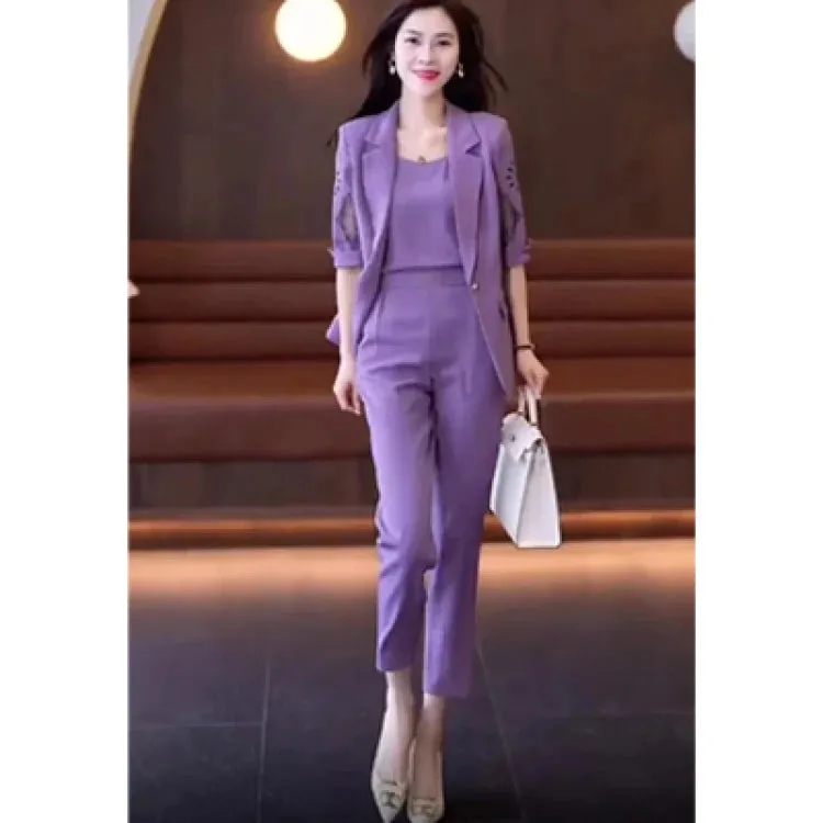 Summer High Waist Three-Piece Blazer Suit Elegant Women's Business Suit with V Neck Vest Out Coat High Waist Harem Pants