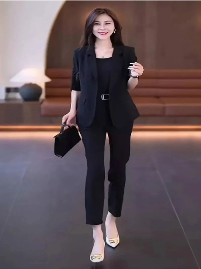 Summer High Waist Three-Piece Blazer Suit Elegant Women's Business Suit with V Neck Vest Out Coat High Waist Harem Pants