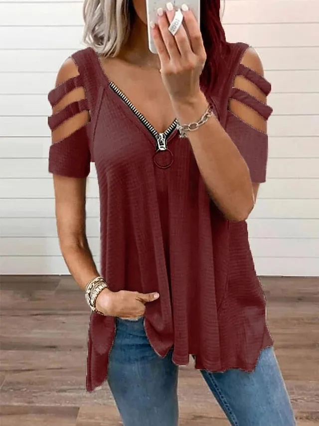 Summer Plaid V Neck Women's Zipper Blouse - Wine Red Black White Pink Green