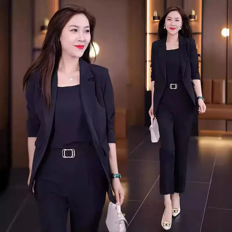 Summer Thin Jacket Blazer Casual Pencil Pants Vest Three Piece Set Elegant Women's Pants Set Office Outfits Business Clothing