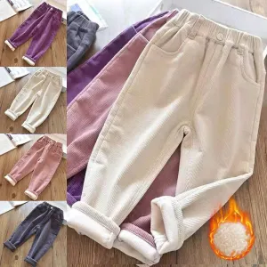 Velvet Lined Corduroy Kids Harem Pants Winter Elastic High Waist Warm Boys/Girls Pantalones Baggy Thicken Plush Children Spodnie