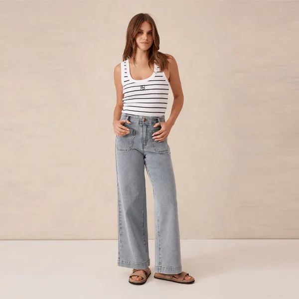 Wide Leg Front Pocket Jean - Vintage Blue