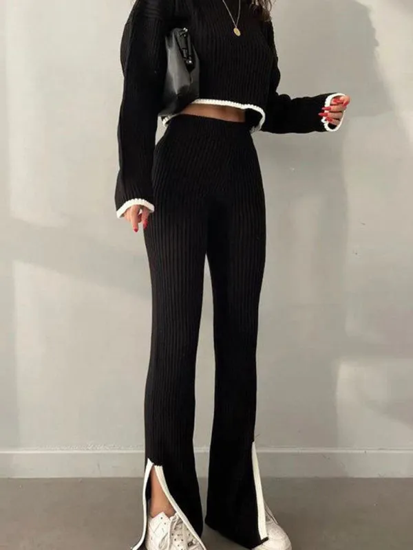 Women's Autumn and winter contrasting color sweater slit elastic waist wide-leg pants two-piece set