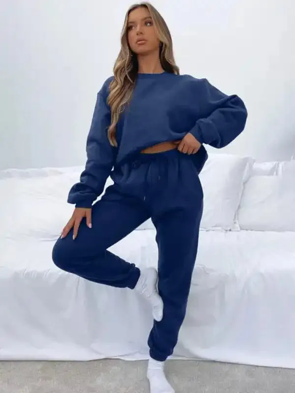 Women’s New Solid Color Round Fashionable Casual Collar Pullover Long Sleeve Trousers Sweater Suit