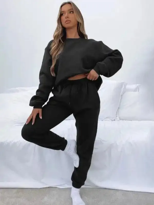 Women’s New Solid Color Round Fashionable Casual Collar Pullover Long Sleeve Trousers Sweater Suit