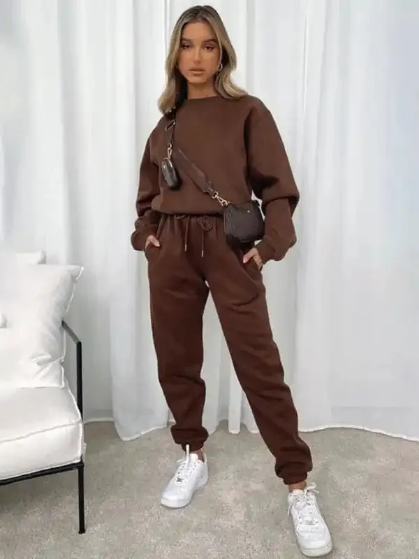 Women’s New Solid Color Round Fashionable Casual Collar Pullover Long Sleeve Trousers Sweater Suit